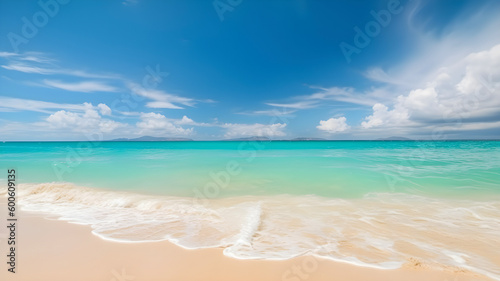 Beautiful tropical beach with white sand, turquoise ocean against blue sky, tropical summer concept. AI generated
