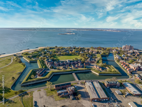 Aerial view of Fort Monroe star shaped military fort protecting Norfolk surrounded with a water filled moat