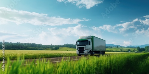 Truck with cargo driving on the road with green nature and blue sky motion blur background. Generative AI