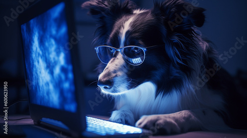 Generative Ai image of a border collie looking at a laptop