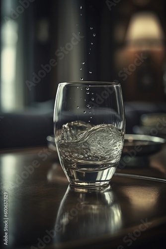 A half-full sloshing glass of water being filled with droplets
