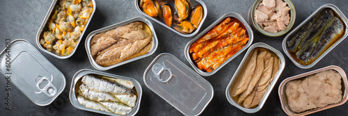 Assortment of Tinned fish, canned food ready for date night