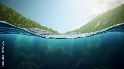 Split image above and below water surface, beautiful landscape