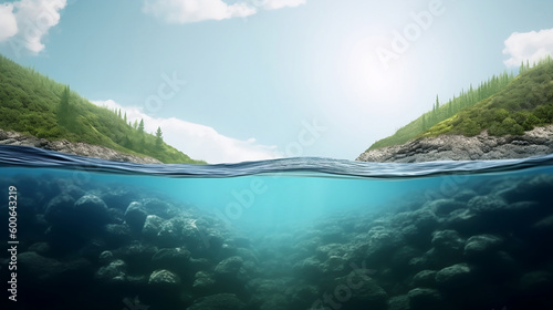 Split image above and below water surface, beautiful landscape