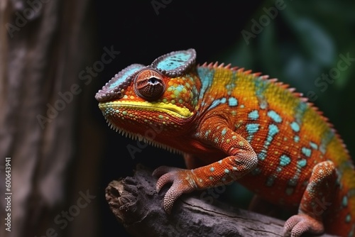  a colorful chamelon is sitting on a tree branch. generative ai