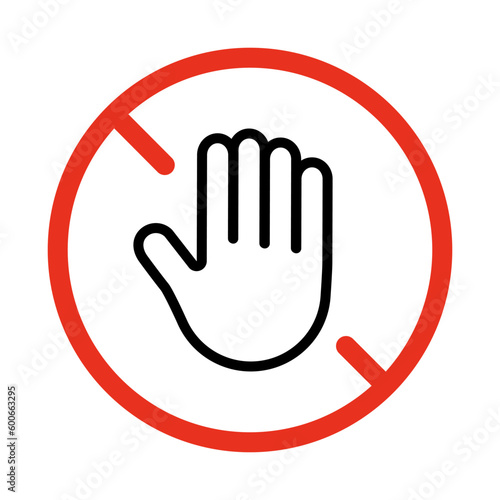 Hand stop symbol, gesture of prohibition icon. Limit sign. Gesture no. Danger to touch. Icon of palm in red restriction circle. Vector