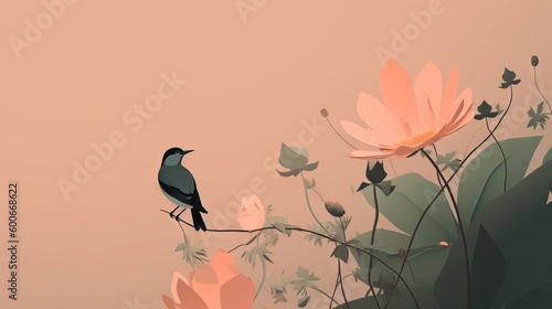  a black bird sitting on a branch with pink flowers in the background. generative ai