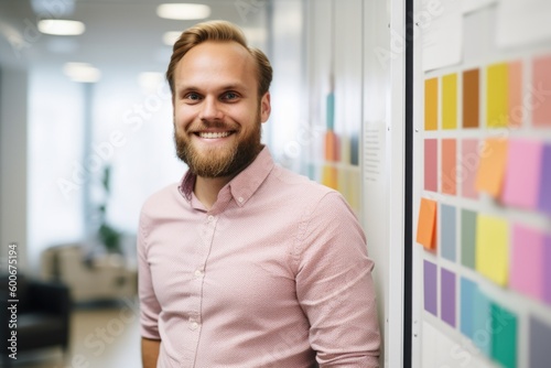 Young smart swedish businessman, smiling face, standing in blur background of creative colorful office interior design. Generative AI AIG20.