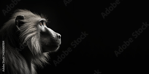 Black and white photorealistic studio portrait of a Baboon on black background. Generative AI illustration