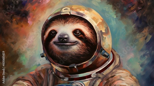 Cute astronaut sloth in spacesuit in surrealistic illustration, AI generated 
