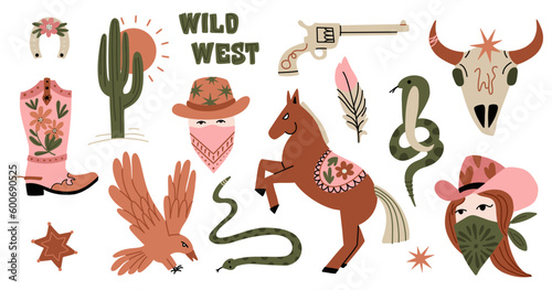 Wild west. Western elements. American cowgirl and cowboy portrait. Horse and snake, cactus in desert, rodeo boots, gun and cow scull. Contemporary art vector cartoon flat isolated set