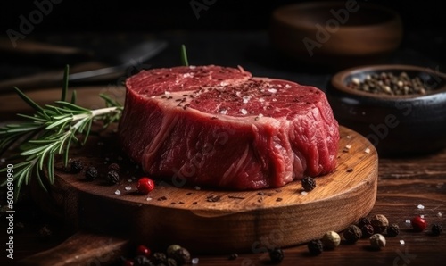 Raw beef filet Mignon steak on a wooden Board with pepper and salt, generative AI