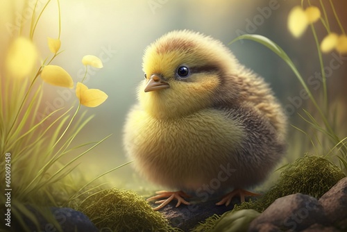 Cute baby easter chick in nature as illustration