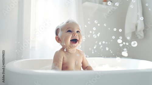 a baby happy bath time, a child laughing in bath tub, Generative Ai