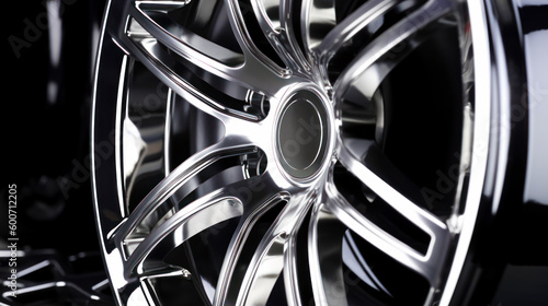 Close up of chrome wheel on black car with chrome spokes. Generative AI.