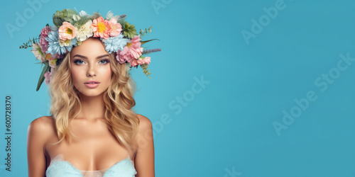 Vivid summer banner with a beautiful woman wearing floral wreath and summer clothing. Isolated on solid color background.