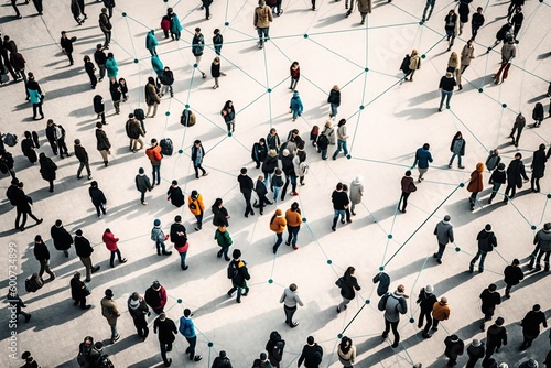 Aerial view of a crowd with a network of connections, generative ai