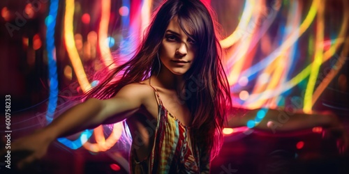 Beautiful young women dancing in night club, fictional person made with generative ai