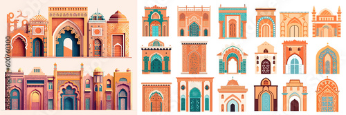 Abstract Morocco architecture set. Simple geometric staircases and eastern arches, moroccan style simple contemporary cards, trendy boho doors and windows. Generative AI