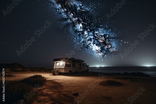 Motorhome trailer parked at beach under starry night sky. Generative AI