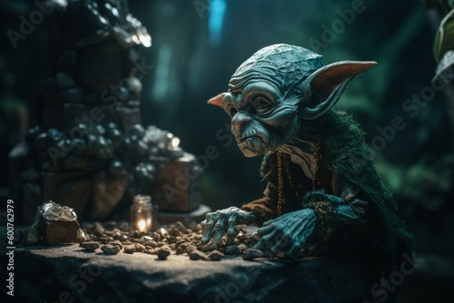 A mischievous elf-like goblin with a big malachite. Generative AI