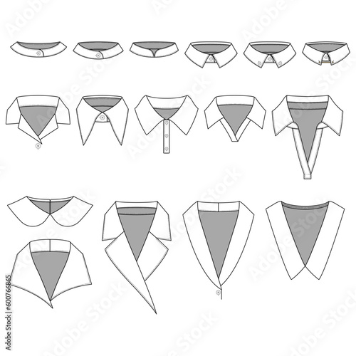 Different types of collars. A set of neckbands and collars. A bunch of hand-drawn shirt's collar. Hand-drawn collar and neck line vector drawings for clothes and fashion items.