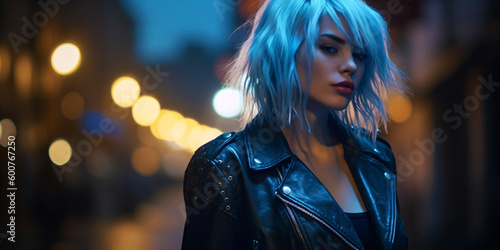 woman in a leather jacket in a city at night with street lights, fictional person made with generative ai 