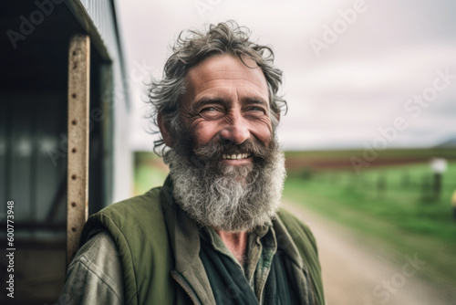 Smiling middle age farmer standing outside his shed. Generative AI.