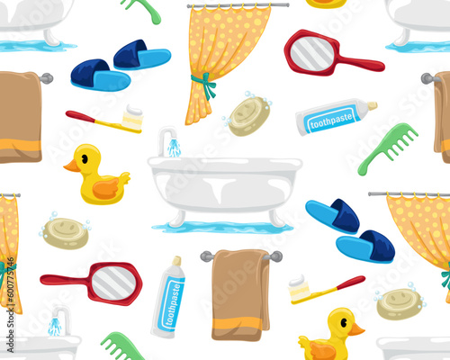 A seamless pattern of bathroom items on a white background.