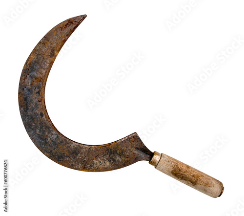 vintage sickle with wooden handle cut out on white background