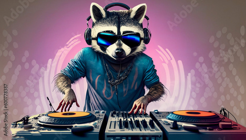 dj racoon with sunglasses and headphones, mixing on turntable1