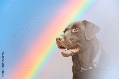 Dog and rainbow Rainbow bridge concept Close-up portrait of Labrador Retriever dog on rainbow background