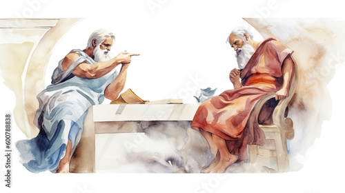 Greek philosophers, including Plato and Aristotle, engaged in a discussion, watercolor, isolated on white, Generative AI