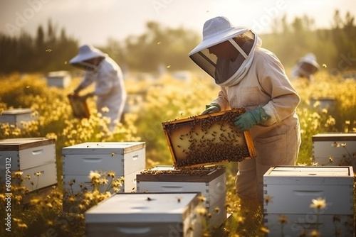  A picturesque scene of a beekeeper tending to beehives in a vibrant flower field, highlighting the importance of pollination and sustainable honey production.