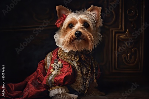 AI Generated. AI Generative. Painting of a Yorkshire terrier in renaissance clothing realistic illustration. Vintage retro elite vibe. Graphic Art