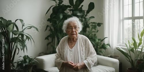 close up portrait of small elderly woman in white linen clothes stands in her living room among tons of plants near windows. Unhappy life. Retirement community. Health care. Alone. Generative AI