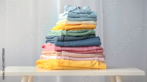 Pile of child clothes in a clothing store. Sale of children's clothing. Colored jean and gabardine pants for girls and boys. Light colors and pastels. White background. Sale. Department. Generative ai