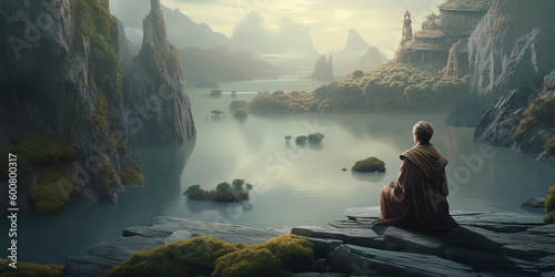 buddhist monk in meditation beside the river with beautiful nature background. Generative AI 