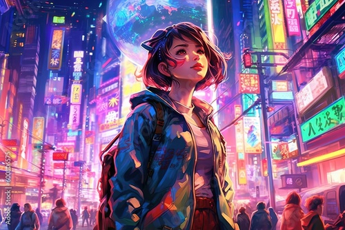 Anime girl globetrotter, standing in the middle of a bustling city street, surrounded by skyscrapers and neon lights, manga style illustration generative ai