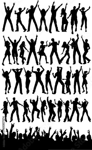 Silhouettes of people dancing and an excited crowd