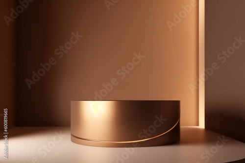 Beauty, fashion, make-up concept. Minimalistic product placement podium made from various beige geometric shapes with copy space and illuminated with natural light. Minimalistic style. Generative AI