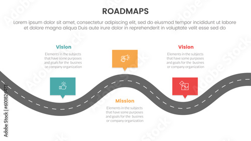 business roadmaps process framework infographic 3 stages with wavy and bumpy road and light theme concept for slide presentation