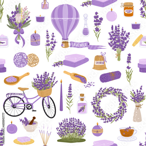 Lavender flowers, herb and bunch seamless pattern. Vector repeated background with wildflowers, air hot balloon, bicycle and floral wreath. Aroma candle and oil, honey jar, spoon with dry herbs or tea
