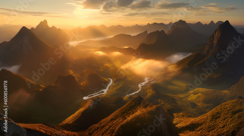 Majestic Mountain Landscape at Sunrise. Generative AI