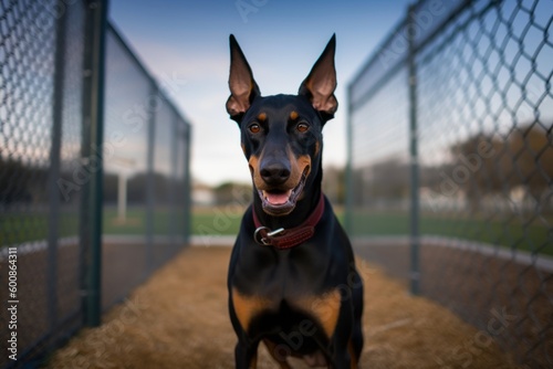 Environmental portrait photography of a happy doberman pinscher being at a dog park against planetariums background. With generative AI technology