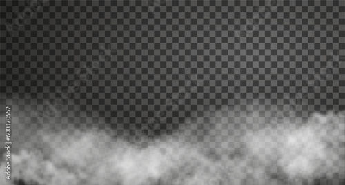 White smoke effect isolated on transparent background. Vector illustration of realistic fog, cloudness, haze