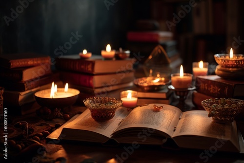 Lit candles surrounded by books on Ayurveda, ancient scriptures and panchakarma rejuvenation therapy. Set a sacred, meditative mood focusing on Ayurvedic spiritual wellness. Generative AI