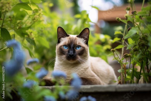 Group portrait photography of a smiling siamese cat back-arching against a garden backdrop. With generative AI technology