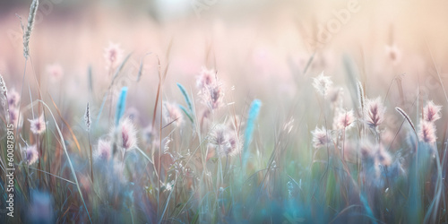 Pastel colored flower meadow, soft focus background with copyspace - generative AI