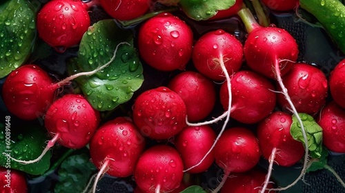 Freshly harvested red radishes, background. Fresh organic radish bunch. AI generated
